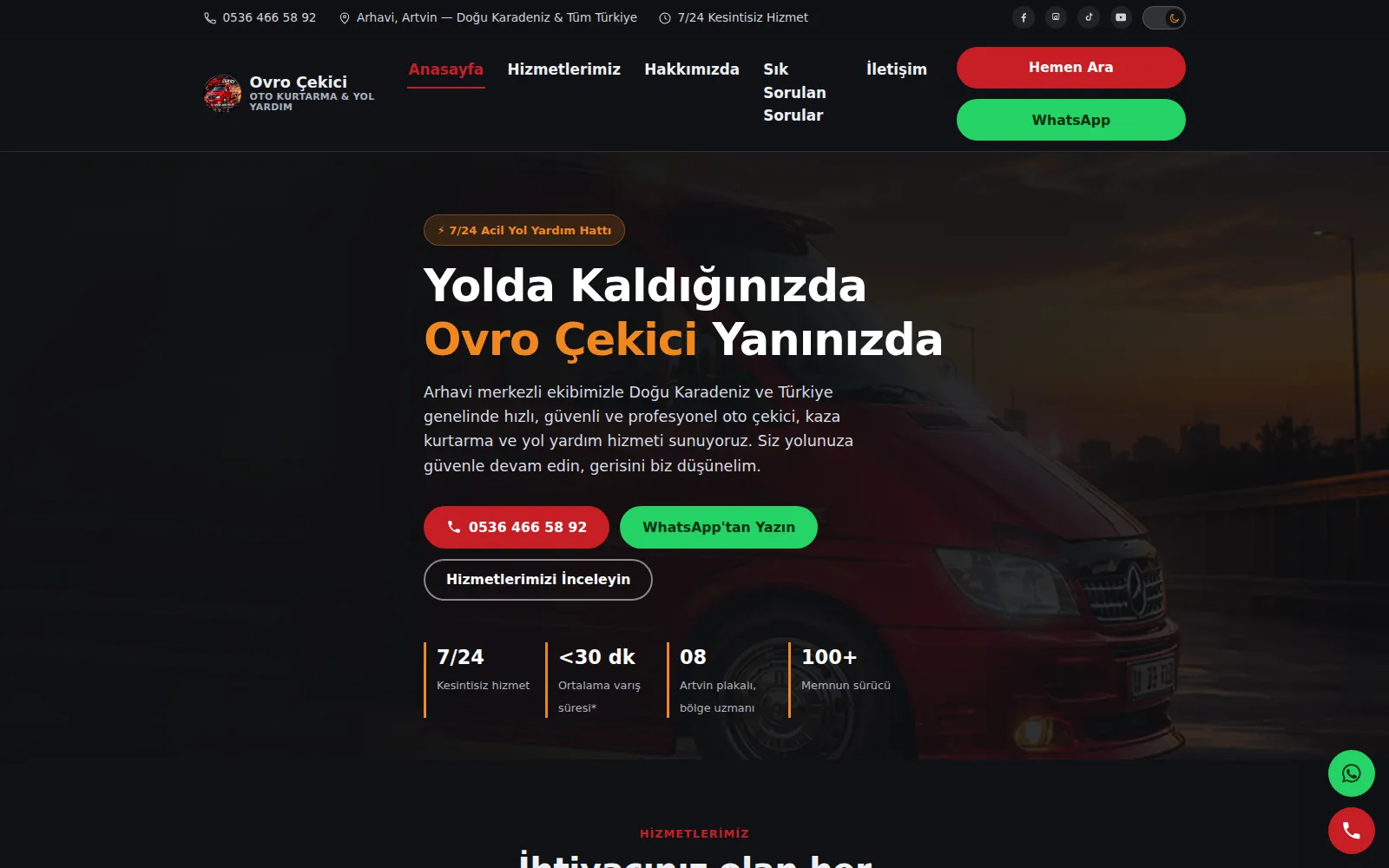 The homepage of the roadside assistance website we built for Ovro Çekici
