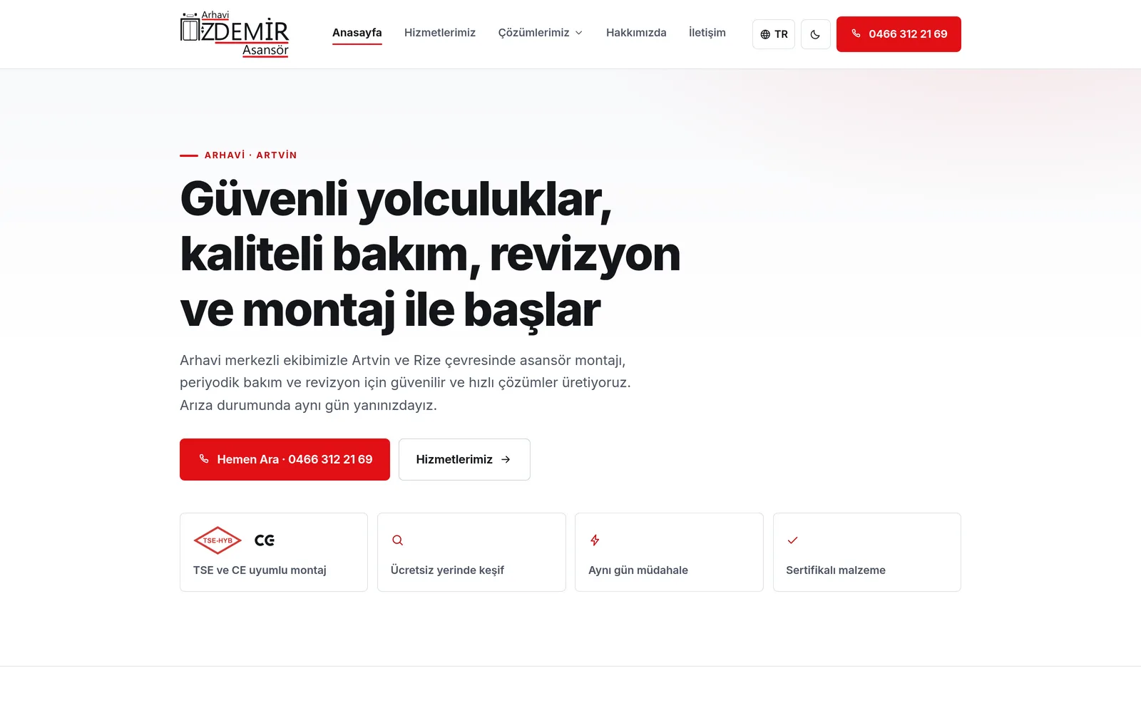 The homepage of the corporate website we built for Özdemir Asansör